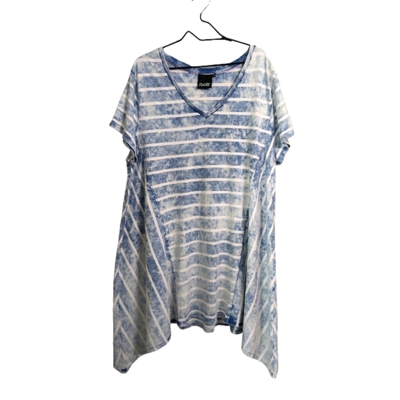 Nanette Lepore Blue White Striped Acid Wash Tie Dye T-Shirt Dress Cap Sleeve 2X - Picture 1 of 9